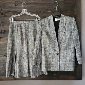 Kasper Skirt Suit Women's 14 Plaid Gray Jacket Midi Linen Blend Pleated